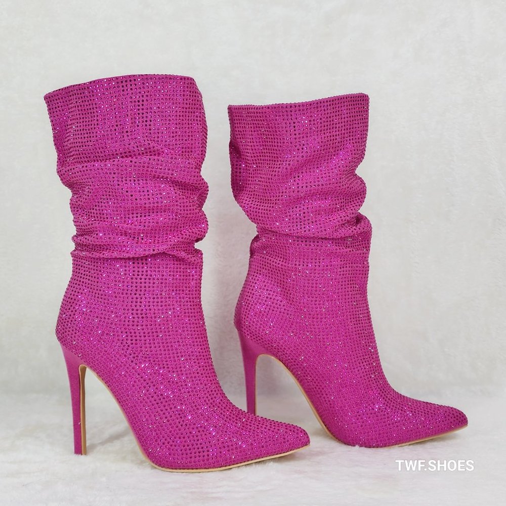 Resolve Sparkling Pink Rhinestone High Heel Slouch Calf Boots New Years Bling